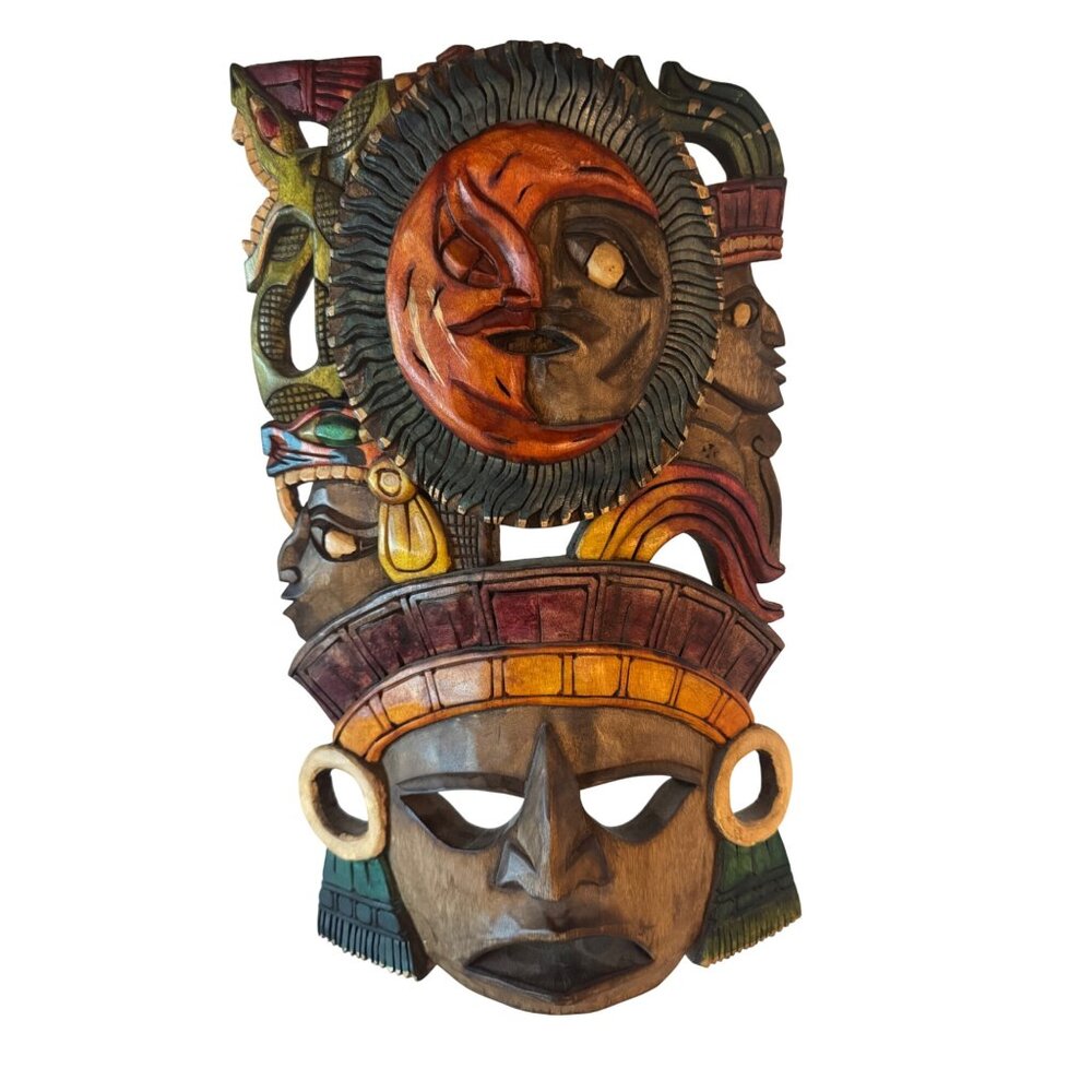 vintage Mayan-Inspired Handcrafted Wooden Wall Mask Multicolor Decorative Art